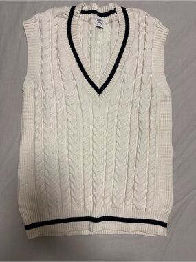 Sunday Best Cream Cable Knit V-Neck Sweater Vest with Navy Trim